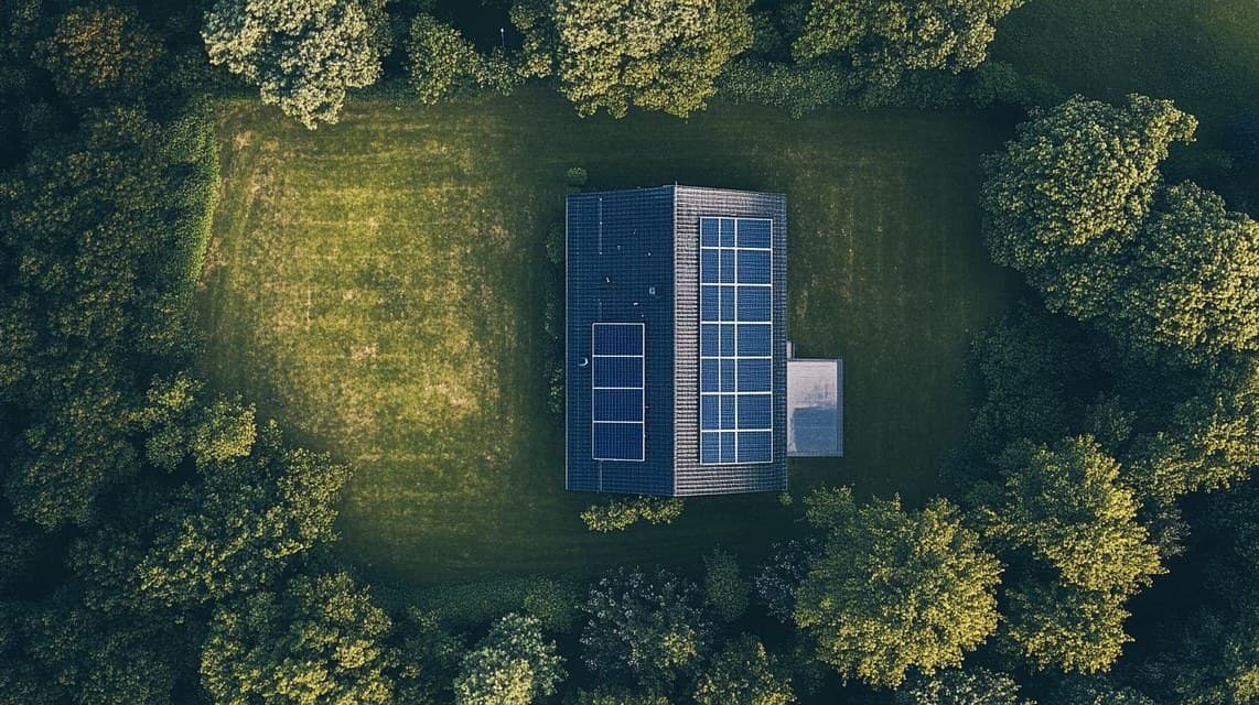 Aerial view of a house with a rooftop solar array in a forest clearing